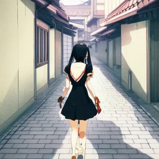 Image similar to a beautiful girl with dark hair walking down a japanese style street, ambient lighting, dynamic lighting, 4k, official media, anime key visual, makoto shinkai, ilya kuvshinov, rossdraws, detailed, trending on artstation