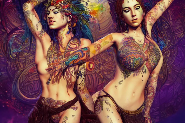 Prompt: a centered full body render of alluring festival hippies with tribal tattoos surrounded by a underwater ink pour and flowing liquid galium and sacred geometry, perfect face, powerful, cinematic, beautifully lit, by artgerm, by karol bak, by viktoria gavrilenko, 3 d, trending on artstation, octane render, 8 k