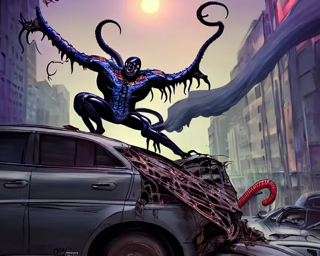 Image similar to A realistic Venom standing on top of a wrecked car in the city, open arms art by Jason Chan and Gerardo Sandoval, Ultra detailed, hyper realistic, cinematic lighting