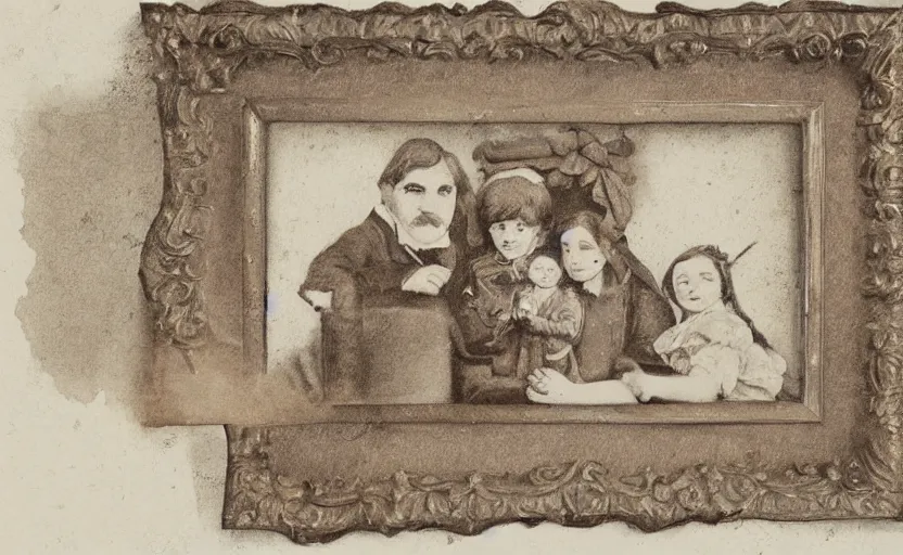 Image similar to 19th century storybook illustration of family photo portraits in picture frames on a wall, line art, water color, sepia tints