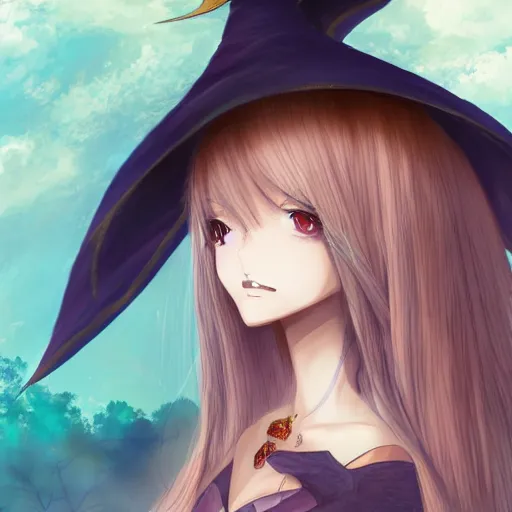 Image similar to a beautiful anime illustration of a witch with large wizard hat, featured on artstation, deviantart, conceptartworld, cgartist, vivid colors, airy theme