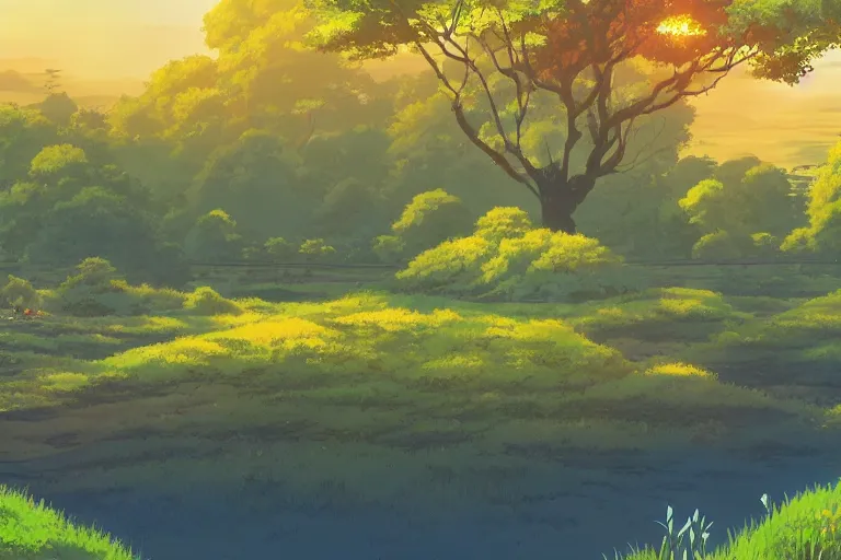 Prompt: anime screenshot wide-shot landscape with river and meadow hill, forest on the horizont, beautiful ambiance, golden hour, studio ghibli style, by hayao miyazaki, tom moor, sharp focus, highly detailed,