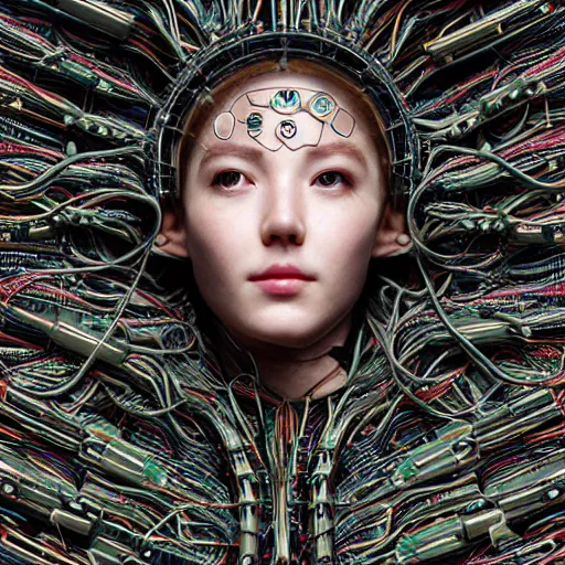 Image similar to tapping in to something greater, piles of modular synth cables, goddess laying down wearing a headpiece made of circuit boards, by cameron gray, wlop, stanley kubrick, masamune, hideki anno, unique perspective, trending on artstation, 3 d render, vivid