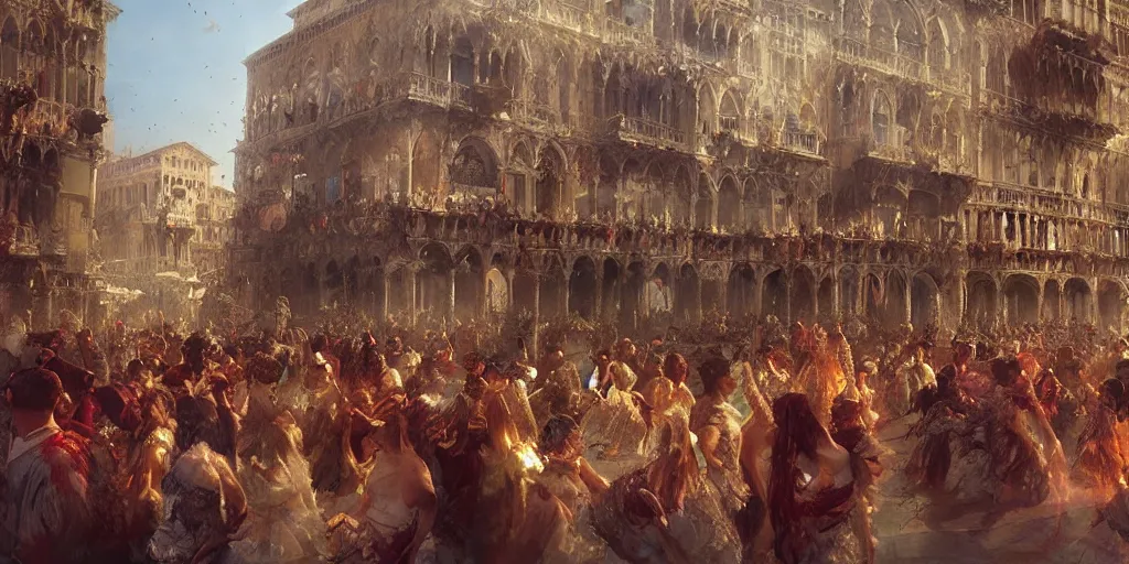 Prompt: Renaissance Venice in summer, fantasy, festivities, dancing people in the crowd, Matte Painting, evening, Craig Mullins