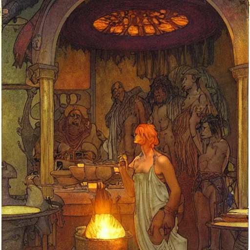 Prompt: Hephaestus at his forge, warm glow, drapery, 4k, art by Moebius, Brian Froud, John Bauer, Alphonse Mucha