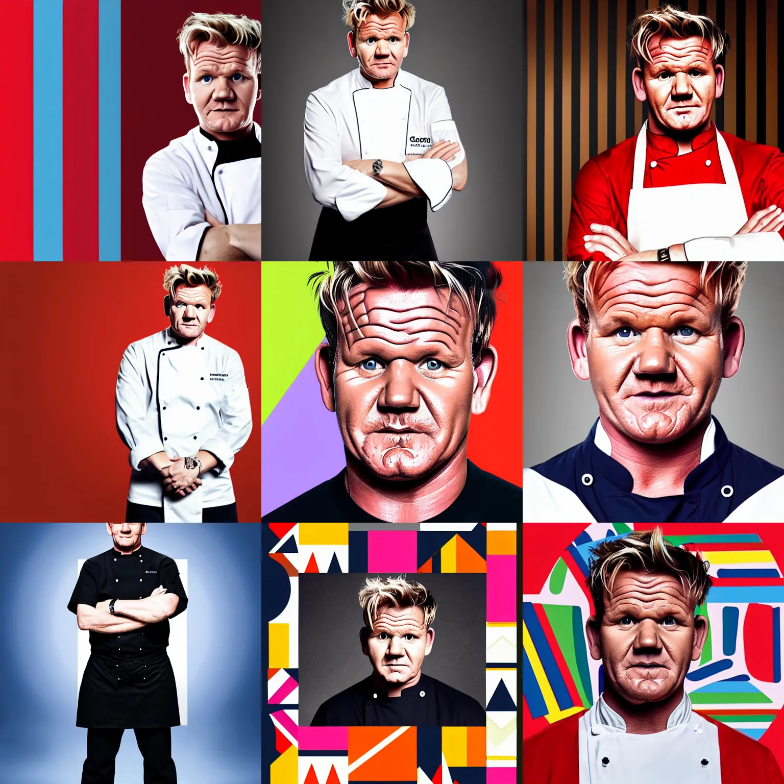 Prompt: A portrait of Gordon Ramsay wearing a chef uniform, geometric shapes, candy colors, rounded corners