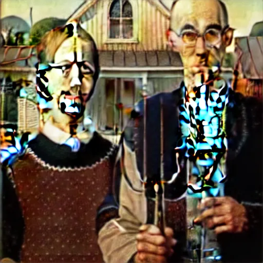 Image similar to a photograph of Grant Wood painting American Gothic