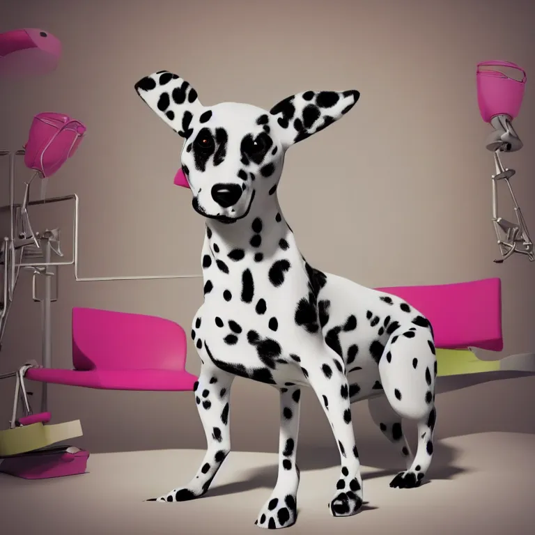 Prompt: vogue photoshoot octane render of 1 0 1 dalmatian with white background, focus bright colorful pastel exotic vintage boutique hotel lounge, very short depth of field, bokeh