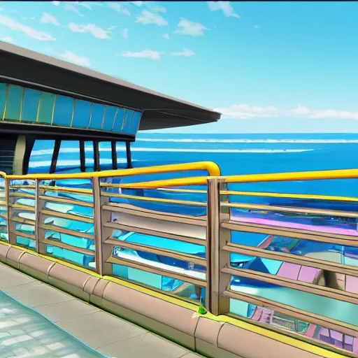 Image similar to oceanfront walkway, futuristic city, colorful city, curved railing, long railing, shining sea, cel - shading, 2 0 0 1 anime, cel - shaded, bright sunshine, jet set radio, mirror's edge, raytracing, toon - shading, strong shadows