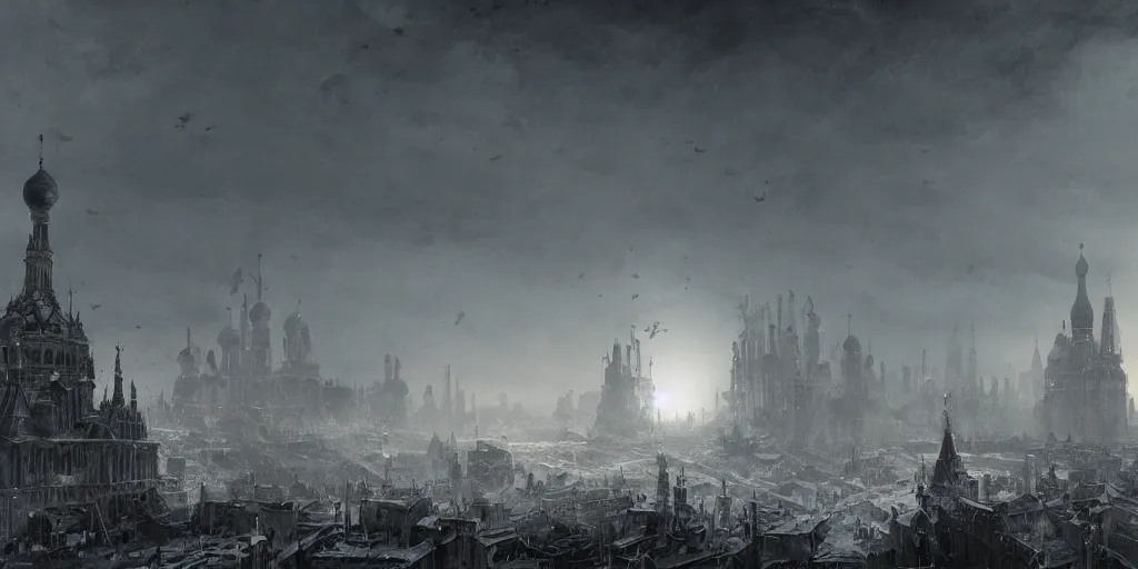 Image similar to Post-apocalyptic imperial russian city scene with a dark smog choked sky and a crowd of people freezing in the snow, black domes and spires, sci fi, detailed matte painting, cinematic, Alan Lee, Artstation