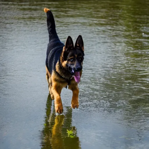 Image similar to German Shepherd walks on Water, 8k photography