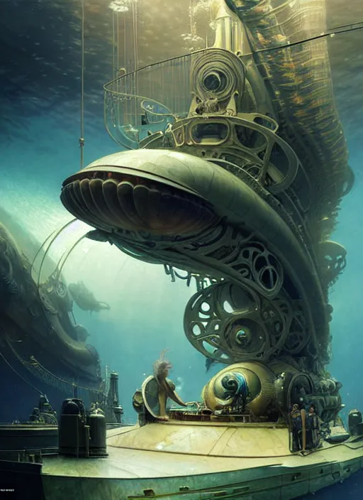 Image similar to epic concept illustration, highly detailed, intricate mechanical design, hard science concept art, underwater nautilus submarine being prepared for launch, by greg rutkowski and alphonse mucha. uhd, cinematic lighting, amazing depth, cinematography by 2 0 1 7