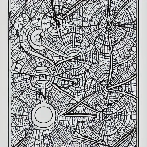 Image similar to Simplistic coloring book of a turbine blueprint, black ball pen on white paper, by Josan Gonzalez and Geof Darrow