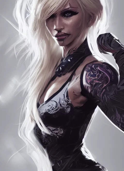 Image similar to a highly detailed illustration of fierce platinum blonde woman wearing mma gear, dramatic smile pose intricate, elegant, highly detailed, centered, digital painting, artstation, concept art, smooth, sharp focus, league of legends concept art, WLOP