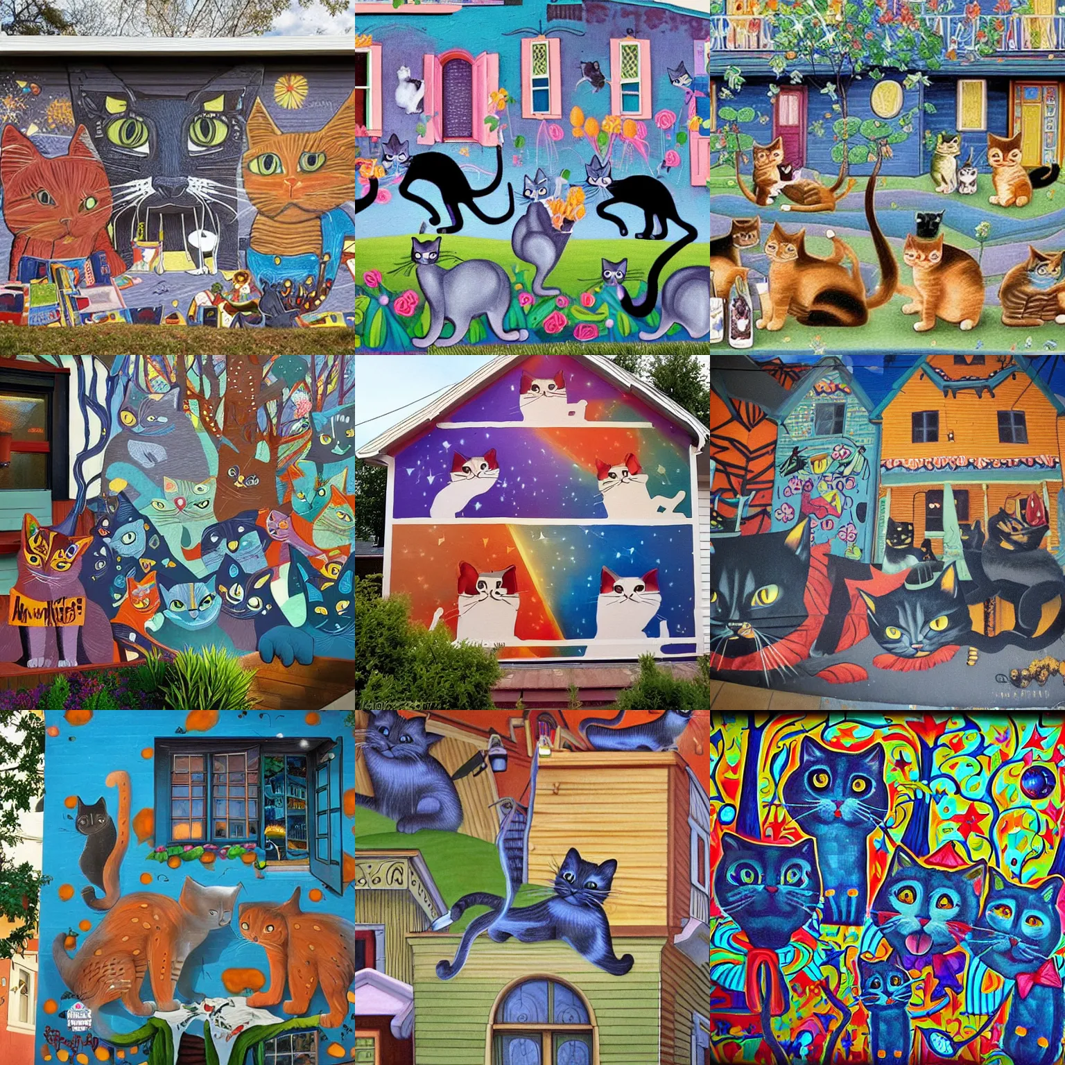 Prompt: at night the cats murals on their houses are throwing parties