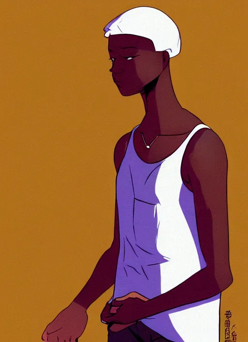 Image similar to character illustration illustrated by tatsuki fujimoto, bald african-american male teenager wearing a white tank-top, cyberpunk, emotional lighting