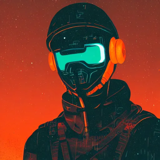 Prompt: in the style of deathburger and laurie greasley a close up of a young explorer wearing a cyberpunk headpiece with an orange visor, highly detailed, 8k wallpaper