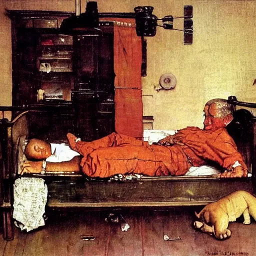 Image similar to The old man is sleeping in bed and having a dream about lions; and a boy sits near the bed of the old man. An oil painting by Norman Rockwell.