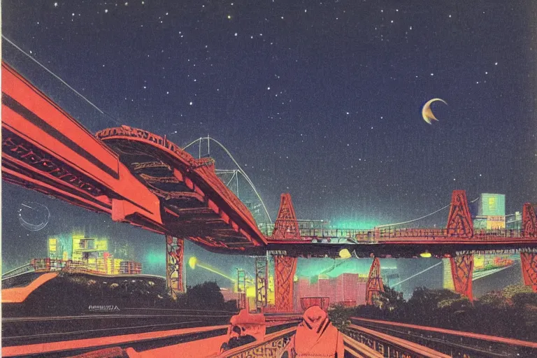 Prompt: 1 9 7 9 omni magazine cover of train bridge going above a park in osaka at night. cyberpunk style by vincent di fate