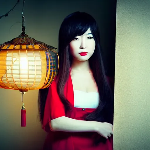 Image similar to Portrait of a japanese young lady with a long white!!!!!!! long white hair (and a red ribbon), Rim Lighting, Lantern, Award Winning photo