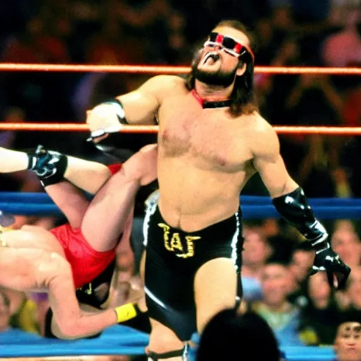 Prompt: Randy Macho Man Savage with the flying elbow