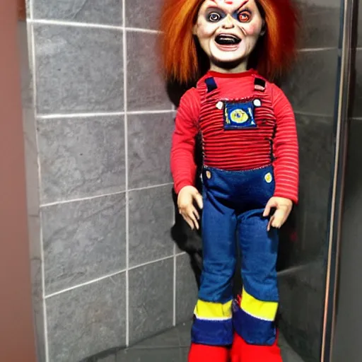 Prompt: chucky the killer doll standing in the bathroom