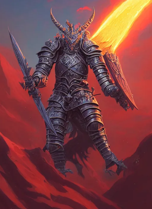 Image similar to highly detailed portrait of a paladin knight with shield fighting a red dragon, fantasy art by by simon bisley, loish, rhads, ferdinand knab, makoto shinkai and lois van baarle, ilya kuvshinov, rossdraws, tom bagshaw, global illumination, radiant light, detailed and intricate environment