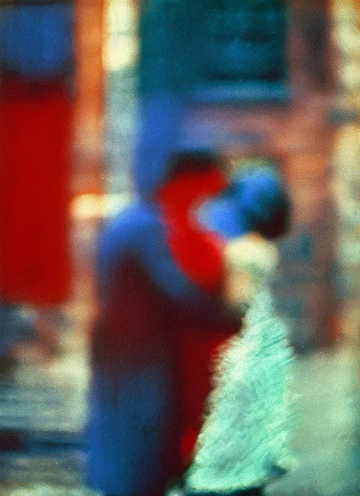 Prompt: ( ( out of focus ) ), head to shoulders kiss, photography by saul leiter and ernst haas in a decorated pompeii peristylium, tea green, airforce blue, red