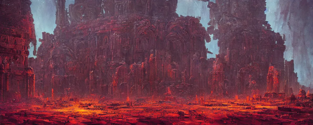 Image similar to ” ancient ruins of an alien cathedral, [ cinematic, detailed, epic, widescreen, opening, establishing, mattepainting, photorealistic, realistic textures, octane render, art by paul lehr ] ”