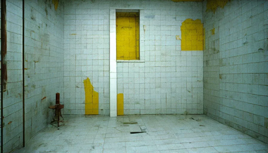 Image similar to 60s movie still of a sovietic stalinist style empty prison shower with yellow tiles and a bloody corpse, cinestill 800t 50mm eastmancolor, liminal Space style, heavy grain-s 150