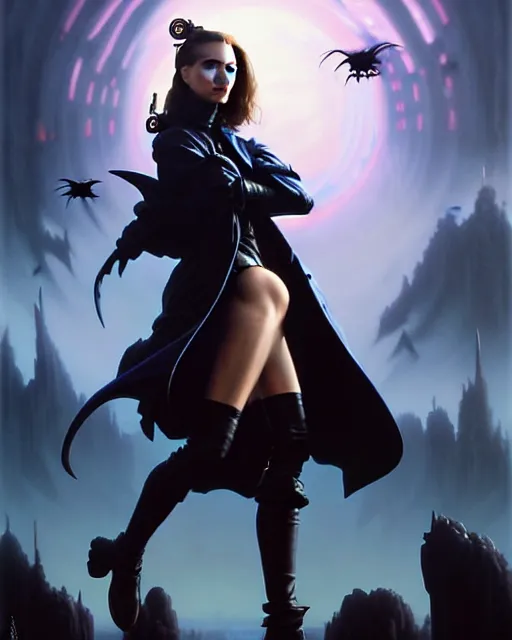 Image similar to beautiful fantasy character portrait, natalie portman, wearing oversized black trench coat, ultra realistic, wide angle, dramatic lighting, vultures,, cyberpunk artifacts, highly detailed by peter mohrbacher, hajime sorayama, wayne barlowe, boris vallejo, aaron horkey, gaston bussiere, craig mullins