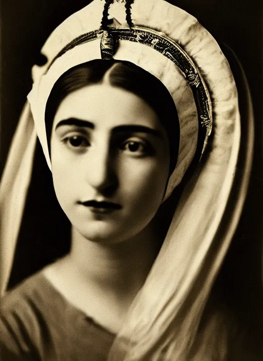 Image similar to portrait of young woman in renaissance dress and renaissance headdress, art by tina modotti