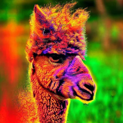 Prompt: lets see what a psychedelic alpaca see in the psychedelic world, 8 k, landscape photo