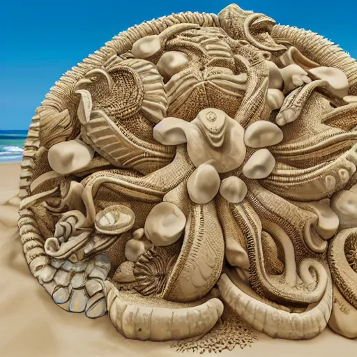 Prompt: ornate sand sculpture on the beach made of elaborate sea shells, gold accents, seaweed trees, crab claw turretsinsane detail, luxury, intricate carving, intricate lines, Zbrush, 3D scuplture, 8K