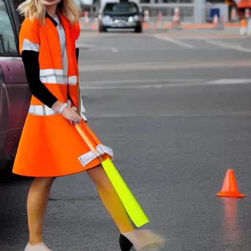 Image similar to margot robbie stealing a traffic cone, 4 k