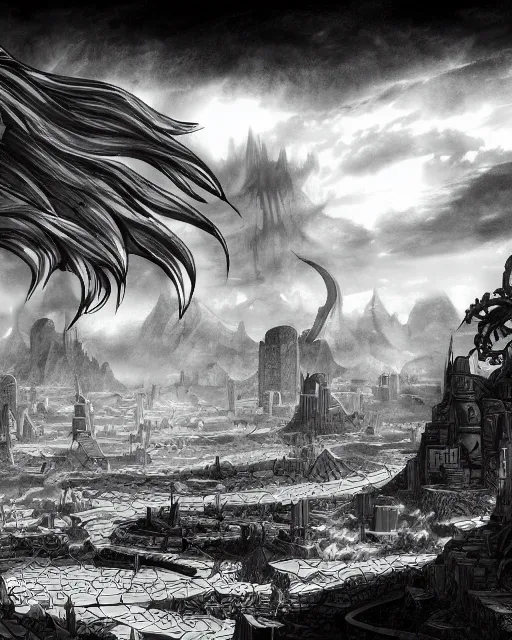 Image similar to the ivory fields, city of desert, buildings, black and white, environment art, fantasy art, landscape art, in the style of masami kurumada, illustration, epic, fantasy, intricate, hyper detailed, artstation, concept art, smooth, sharp focus, ray tracing