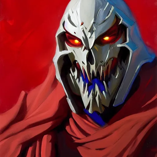 Image similar to greg manchess portrait painting of armored ainz ooal gown aka momon in a red cloak as overwatch character, medium shot, asymmetrical, profile picture, organic painting, sunny day, matte painting, bold shapes, hard edges, street art, trending on artstation, by huang guangjian and gil elvgren and sachin teng