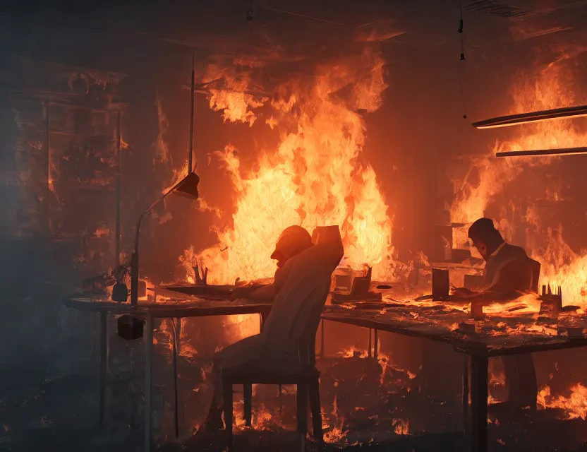 Image similar to a man works at a workstation in a very hot office with burning fires, local close up, featured in artstation, octane render, intricate, ultra detailed, fantasy, concept art, sharp focus, illustration, 8 k