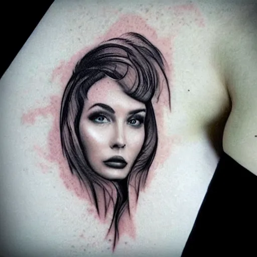 Image similar to realistic tattoo idea of a beautiful woman face blended with a mountain scenery
