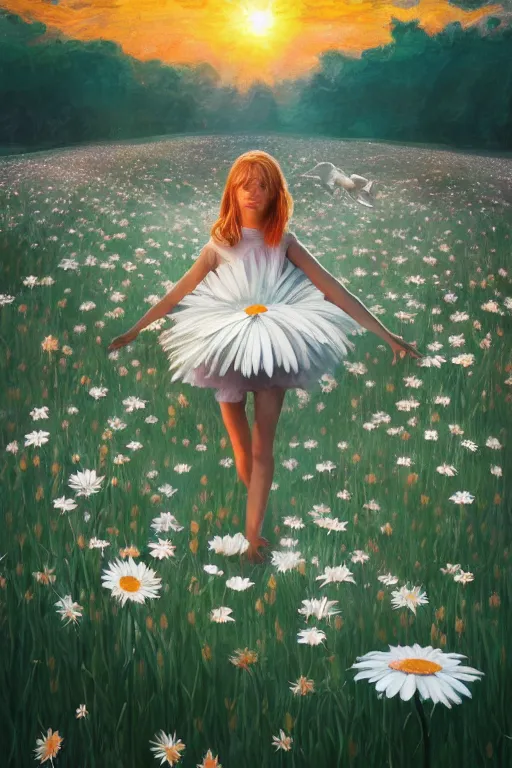 Image similar to giant white daisy flower as face, girl dancing in a flower field, surreal photography, sunrise, dramatic light, impressionist painting, colorful clouds, digital painting, artstation, simon stalenhag