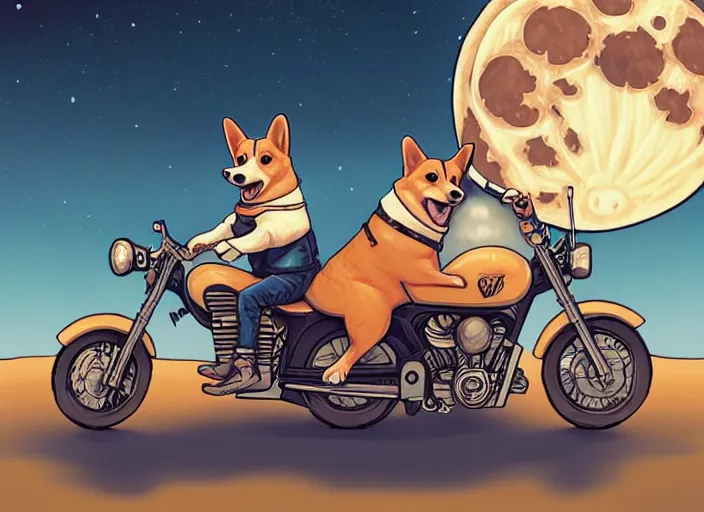 Image similar to a cell shaded cartoon corgi riding a motorcycle, with a big head, on a desert road, wide shot, in front of a big moon, muted colors, post grunge, josan gonzales, wlop, by james jean, victor ngai, hq, deviantart, art by artgerm
