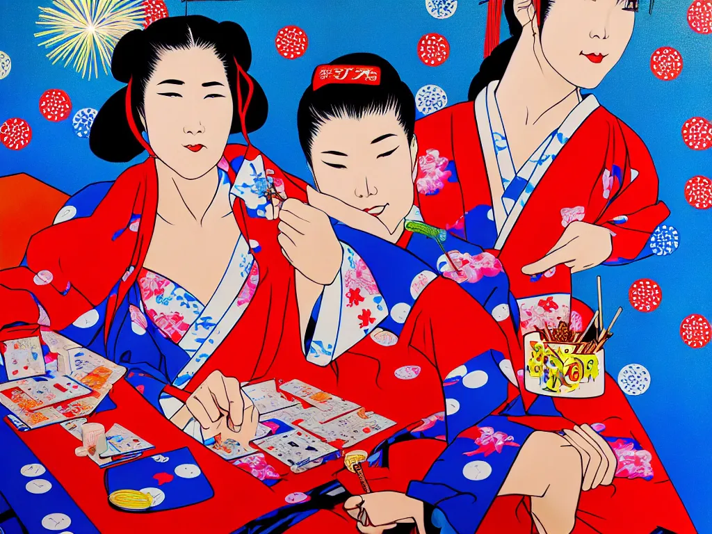 Image similar to hyperrealism composition of the detailed woman in a japanese kimono sitting at a poker table with superman, fireworks on the background, pop - art style, jacky tsai style, acrylic on canvas