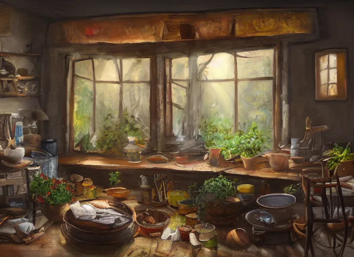 Prompt: rustic oil painting, interior view of a cluttered herbalist cottage, waxy candles, wood furnishings, herbs hanging, light bloom, dust, ambient occlusion, rays of light coming through windows, dim lighting, brush strokes oil painting