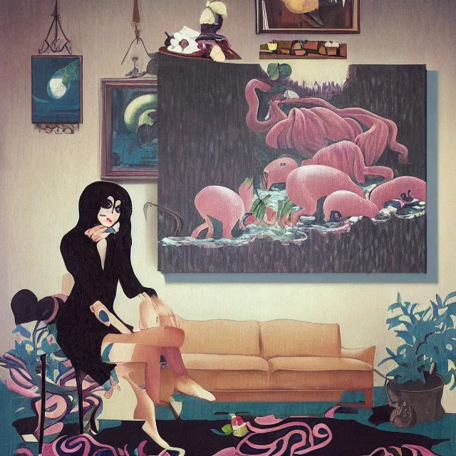 Image similar to emo catgirl artist in her lounge room, painting of flood waters inside an artist's loungeroom, a river flooding indoors, pomegranates, pigs, ikebana, water, octopus, river, rapids, waterfall, black swans, canoe, berries, acrylic on canvas, surrealist, by magritte and monet