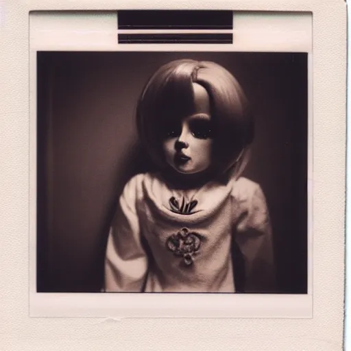 Prompt: a very beautiful picture of a creepy doll in a bathroom, polaroid, old