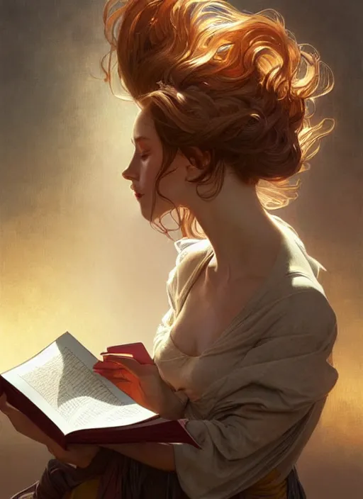 Image similar to a girl reading a book, her hair flowing down, intricate, highly detailed, dynamic lighting, digital art, digital painting, artstation, wlop, sharp focus, illustration, art by artgerm and greg rutkowski and alphonse mucha