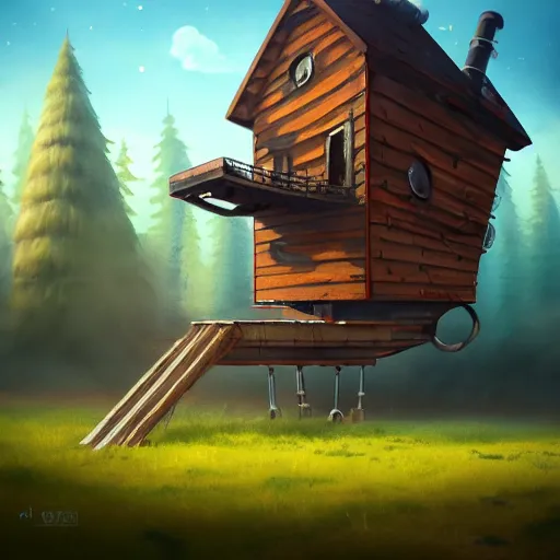 Image similar to a walking wood and metal house with two legs and one big eye, smoke chimney, rust, hyperrealistic, highly detailed, cinematic, single ray of sun, morning, pareidolia, gravity falls style, disney, ghibli, beautiful, cgssociety, artstation, 8 k, oil painting, digital art