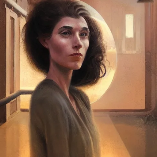 Prompt: detailed face of a clothed woman with obsidian eyes in a architectonic courtyard with whisps of smoke at a science expo, atmospheric, ambient, pj crook, syd mead, livia prima, artgerm, greg rutkowski, nick alm, casey baugh