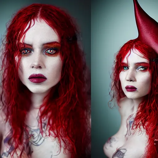 Image similar to A detailed portrait of wizard elf with red hairs and tattoos by Peter Kemp and Monia Merlo