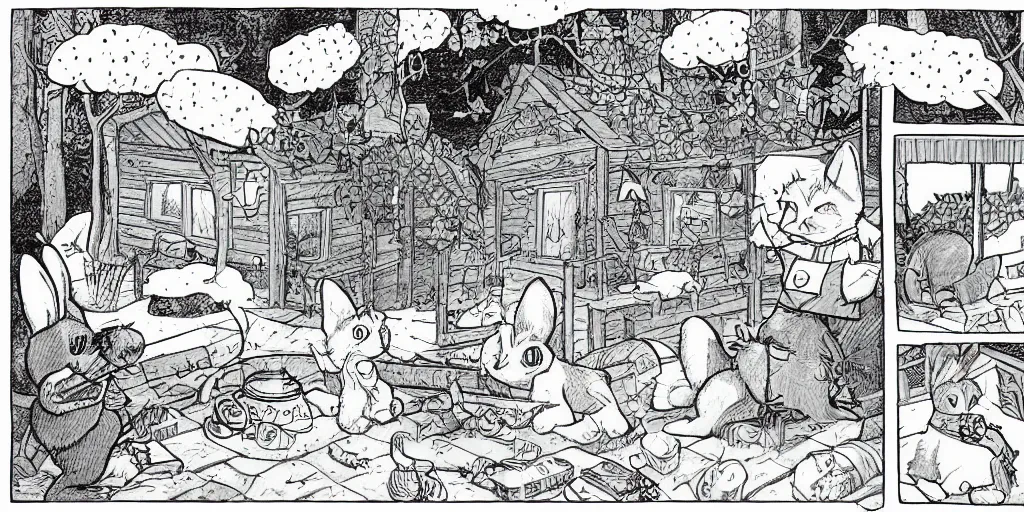 Prompt: anthropomorphic rabbit and cat dressed in cottagecore living in a cottage, the rabbit has a vegetable garden and the cat is fixing the roof, comic book art style, pictures in sequence, storyboarding, speech bubbles, colorized